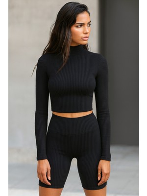 Öz Pamuk Kadın Fitilli Yarım Balıkçı Yaka Kaşkorse Crop Bluz