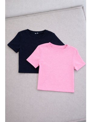 Öz Pamuk Kadın 2'li Adet Siyah Fitilli Bisiklet Yaka Kaşkorse Crop T-Shirt Bluz