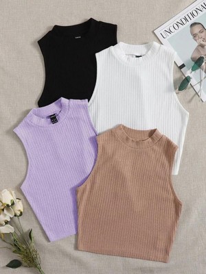 Öz Pamuk Kadın 4 Lü Adet Fitilli Pamuklu Örme Kaşkorse Crop Bluz Atlet