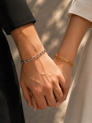 Adata Jewelry Çelik Ince Oval Halka Çift Kombin Bilekliği Kadın / Erkek Gold / Gümüş Uzatma Zincirli