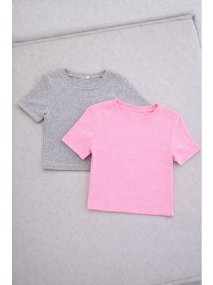 Öz Pamuk Kadın 2'li Adet Siyah Fitilli Bisiklet Yaka Kaşkorse Crop T-Shirt Bluz