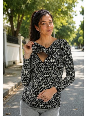 Perla Blanca Geometrik Desenli Siyah Krem Emzirme Bluz