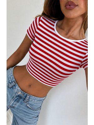 Öz Pamuk Pamuklu Yumuşak Dokulu Kaşkorse Kumaş Crop Kısa Kollu Bisiklet-Yaka Bluz-Body-Tişört