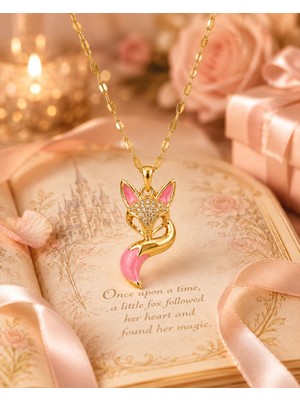 Lia Charm Zirkon Taşlı Pembe Mineli Tilki Figürlü Altın Kaplama Zincir Kolye