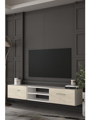 Dekortis Home Dekor 180DHDTDAR2BTG Eros Duvara Monte Tv Sehpası,ünitesi BEYAZ-TRAVERTEN-GÜMÜŞ