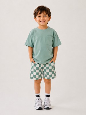 DoaMini Erkek Çocuk Pamuklu Dama Desen T-Shirt ve Şort Takım