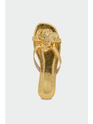 Laminta Opia Gold Çiçek Detaylı Kadın Gold Düz Terlik