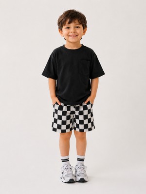 DoaMini Erkek Çocuk Pamuklu Dama Desen T-Shirt ve Şort Takım