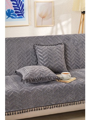 Empressco Püsküllü Bohem Koltuk Örtüsü, Modern Chevron Desenli, Kaymaz, Şönil Dokulu