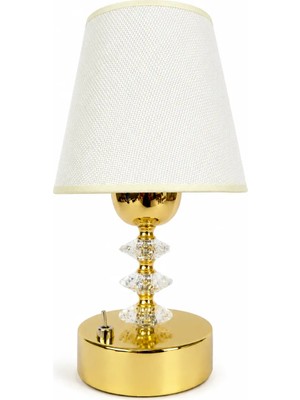 Fey Abajur Gold Kristal Pilli Abajur Kablosuz LED Dekoratif Masa Lambası Krem Kumaş Şapkalı Pilli Gece Lambası 25cm