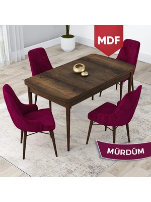 Canisa Concept Lia Serisi, MDF 80X132 Açılabilir Mutfak Masa Takımı, Barok Ahşap Desen Masa 4 Sandalye