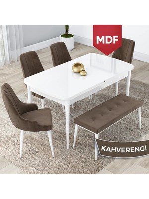 Canisa Concept Lia Serisi MDF Açılabilir 80 x 132 cm Mutfak Masa Takımı Beyaz Masa 4 Sandalye ve 1 Bench