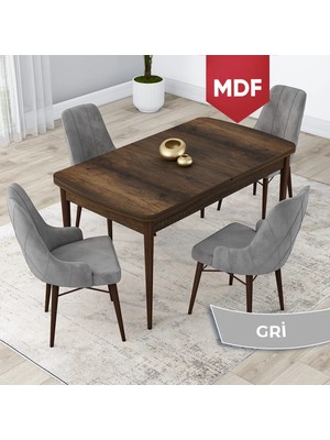 Canisa Concept Lia Serisi, MDF 80 x 132 cm Açılabilir Mutfak Masa Takımı, Beyaz Masa Ceviz Ayak 4 Sandalye