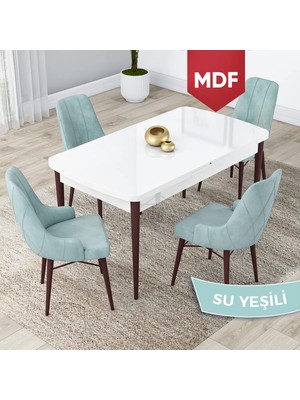 Canisa Concept Lia Serisi MDF 80X132 Açılabilir Mutfak Masa Takımı, Beyaz Masa Ceviz Ayak 4 Sandalye