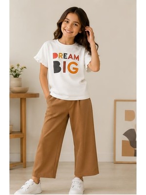 Luniva Butik Dream Big Baskılı Kız Çocuk Fırfır Kollu Tişört ve Bol Paça Pantolon 2'li Takım – Siyah Pantolon