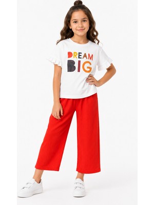 Luniva Butik Dream Big Baskılı Kız Çocuk Fırfır Kollu Tişört ve Bol Paça Pantolon 2'li Takım – Siyah Pantolon