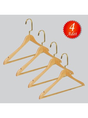 NYN Ahşap M001-BARLI (Gold Kanca Lama) Gömlek, Pantolon Elbise Askısı 4 Adet