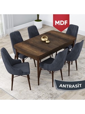 Canisa Concept Lia Serisi MDF 80X132 Açılabilir Mutfak Masa Takımı, Barok Ahşap Desen Masa 6 Sandalye
