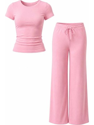 EVOA Bisiklet Yaka Bluz ve Bol Paça Pantolon Takım S - Pembe