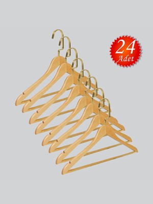 NYN Ahşap M001-BARLI (Gold Kanca Lama) Gömlek, Pantolon Elbise Askısı 24 Adet