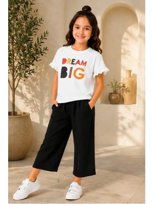 Luniva Butik Dream Big Baskılı Kız Çocuk Fırfır Kollu Tişört ve Bol Paça Pantolon 2'li Takım – Siyah Pantolon
