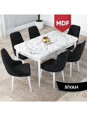 Canisa Concept Lia Serisi MDF Beyaz Mermer Desen Açılabilir 80 x 132 cm Yemek Masası Takımı 6 Sandalye
