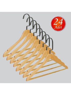 NYN Ahşap Barlı (Siyah Nikel Kanca) Gömlek, Tshirt, Bluz, Elbise Askısı 24 Adet
