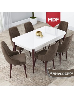 Canisa Concept Lia Serisi, MDF 80 x 132 cm Açılabilir Mutfak Masa Takımı, Beyaz Masa Ceviz Ayak 6 Sandalye