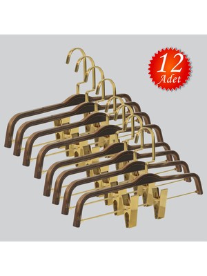 NYN Ahşap 8178 (Gold Kancalı Lama) Mandallı Etek Pantolon Askısı 12 Adet