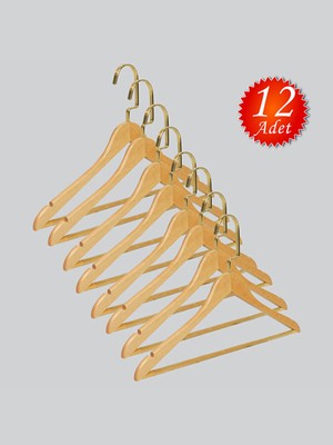NYN Ahşap M001-BARLI (Gold Kanca Lama) Gömlek, Pantolon Elbise Askısı 12 Adet