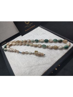İskeçe Tesbih Başka Yerde Yok! Iskeçeli Cemil Usta Eseri Bali Mavi Deniz Salyangoz Fosili 55.10 Gr.sertifikalı 10079