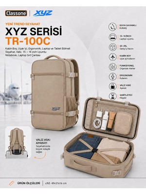 Classone Xyz Serisi TR-100C Kabin Boy ,uçak Içi , Ergonomik, Laptop ve Tablet Bölmeli, Seyahat, Valiz, 15 -18 Inch Uyumlu Notebook, Laptop Sırt Çantası – Camel