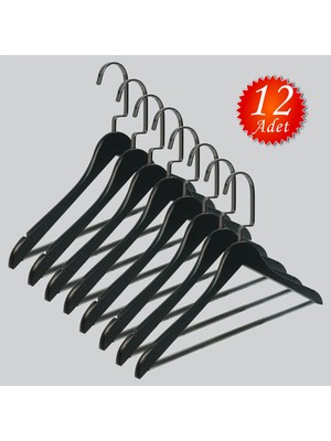 NYN Ahşap Barlı (Siyah Nikel Kanca) Gömlek, Tshirt, Bluz, Elbise Askısı 12 Adet
