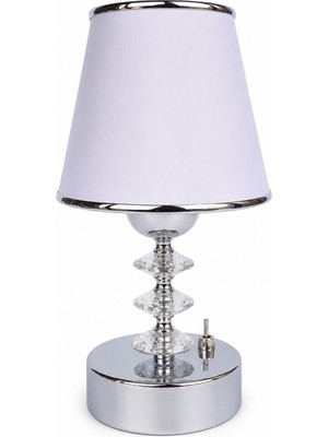 Fey Atelier Fey Abajur Pilli Kablosuz LED Abajur El Yapımı Krom Kristal Dekoratif Masa Lambası Beyaz Kumaş Şapkalı 25 cm Pilli Gece Lambası Pilli çalışma lambası