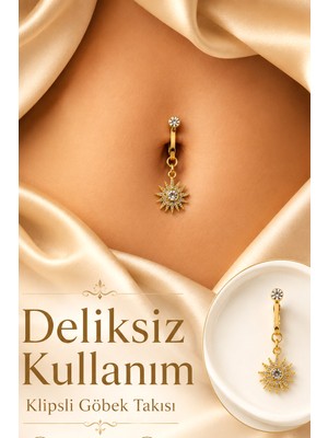 Sacce Scarves & Accessories Deliksiz Göbek Piercingi Klipsli Güneş Model Zirkon Taşlı Sıkıştırmalı Göbek Takısı Tek Adet