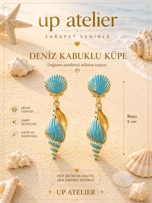 Up Atelier Yaz Koleksiyonu Plaj Modası Mavi Vintage Deniz Kabuğu Model Küpe