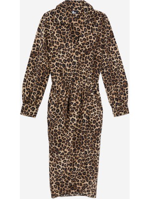 The Kooples Kadın V Yaka Uzun Kollu Leopar Desenli Kahverengi Elbise