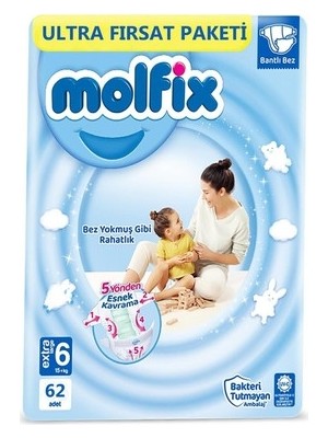 TeknoKapsül Molfix Bebek Bezi 3D 6 Beden Extra Large 15+ kg 62LI Ultra Fırsat