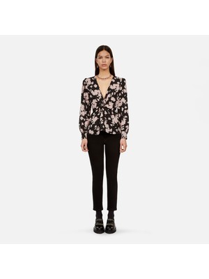 The Kooples Kadın Desenli V Yaka  Siyah  Bluz