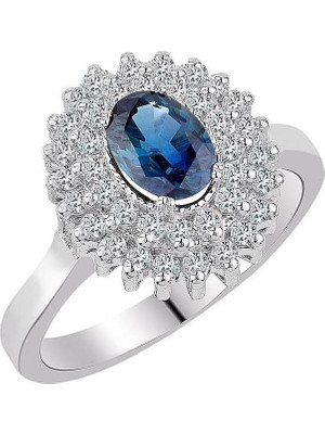 İryum Klasik Anturaj Oval Safir Yüzük