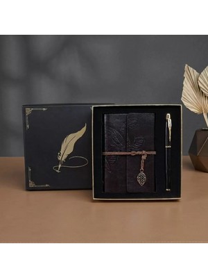 Ronanna Kutulu Deri Defter ve Metal Roller Kalem Seti - Yaprak Desenli - Baskıya Uygun