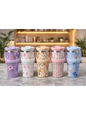 Ronanna Çiçek Desenli 700 ml Taşıma Kulplu Paslanmaz Çelik Termos Mug Bardak