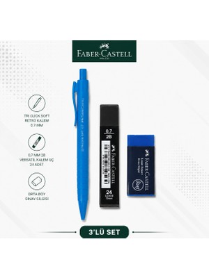Danacı Kırtasiye Faber-Castell Tri Click Soft Retro 0,7 Mavi Versatil Kalem+0,7 Uç+Orta Boy Sınav Silgisi