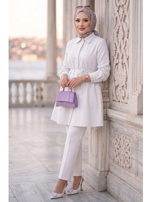 Hafsa Mina Bağlamalı Cepli Tunik Beyaz HM2911