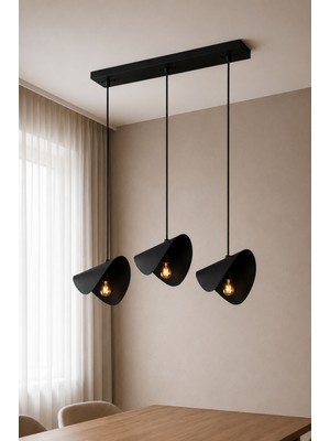 Avizade Eterna Siyah Metal 3'lü Sıralı Sarkıt Avize – Modern Yemek Masası Avizesi - Yaprak Tasarımlı Modern Salon ve Mutfak Aydınlatması