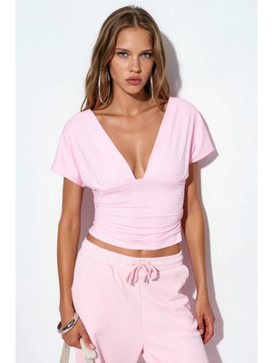 Hiccup Kadınlar Busem Bağlama Detaylı Dar Kesim Crop Bluz Allık Pembe