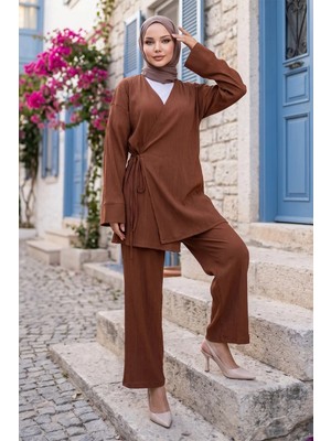 Hafsa Mina Yandan Bağlamalı Kimono Takım Kahverengi HM2935