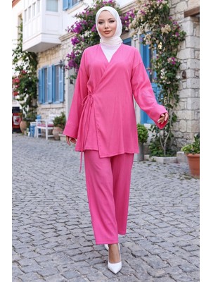 Hafsa Mina Yandan Bağlamalı Kimono Takım Fuşya HM2935