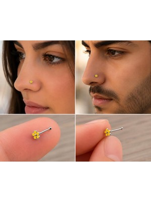 925 Ayar Gümüş Burun Hızması Sarı Çiçek Desenli Minimal Nose Stud Kadın Erkek Unisex 8 mm