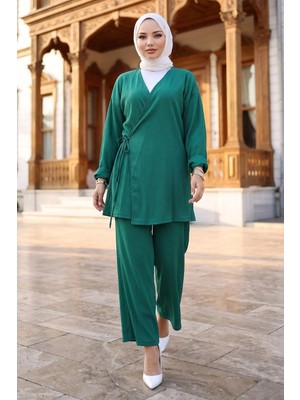 Hafsa Mina Yandan Bağlamalı Kimono Takım Zümrüt HM2935